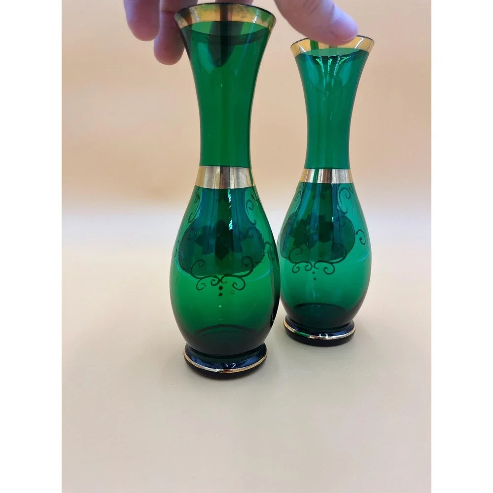 Vintage Royal Sealy Bud Vase Set: Green Glass Bohemian Floral Decor